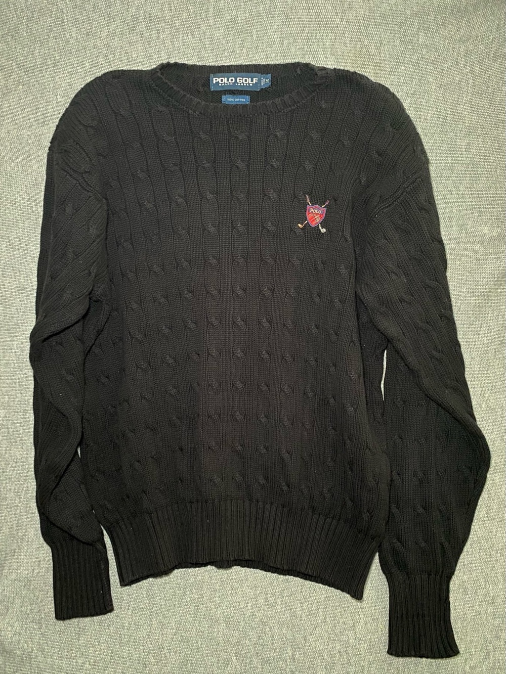 VTG Polo Golf Ralph Lauren Sweater Men's Medium Black Cable Knit Crest Shield